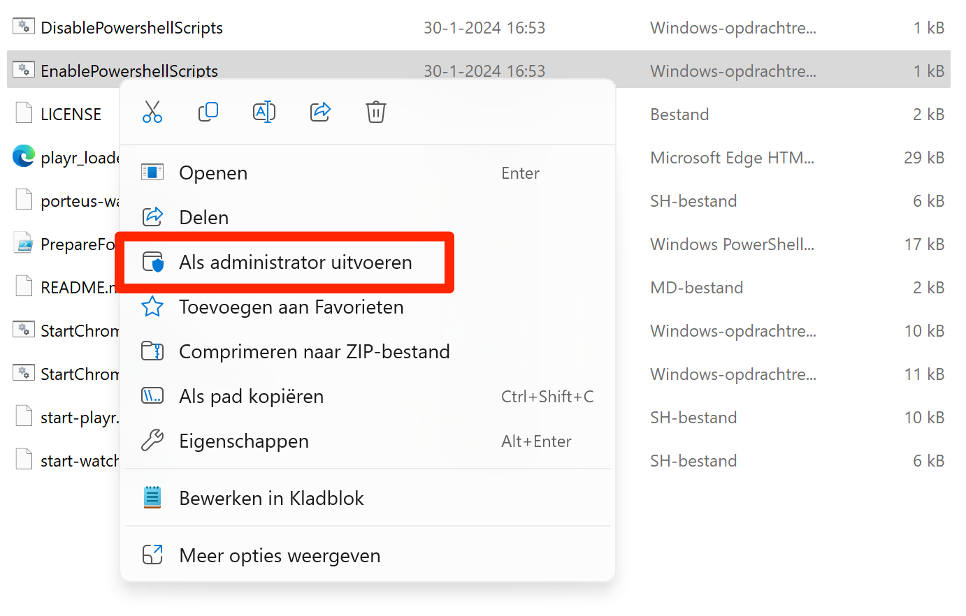 Screenshot; voer een command bestand uit als administrator